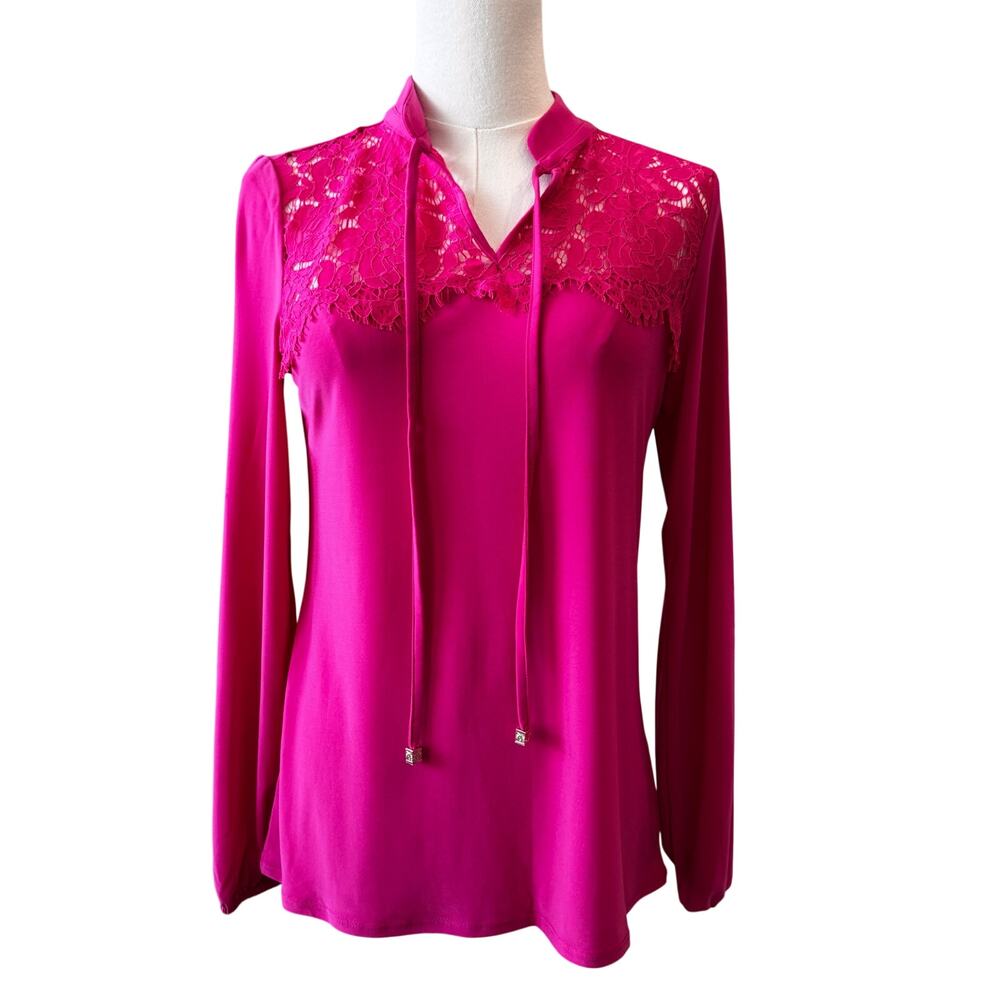 New ANNE KLEIN Women's Pink Peacock Long Sleeve  Oversized Blouse Top Size XS/S